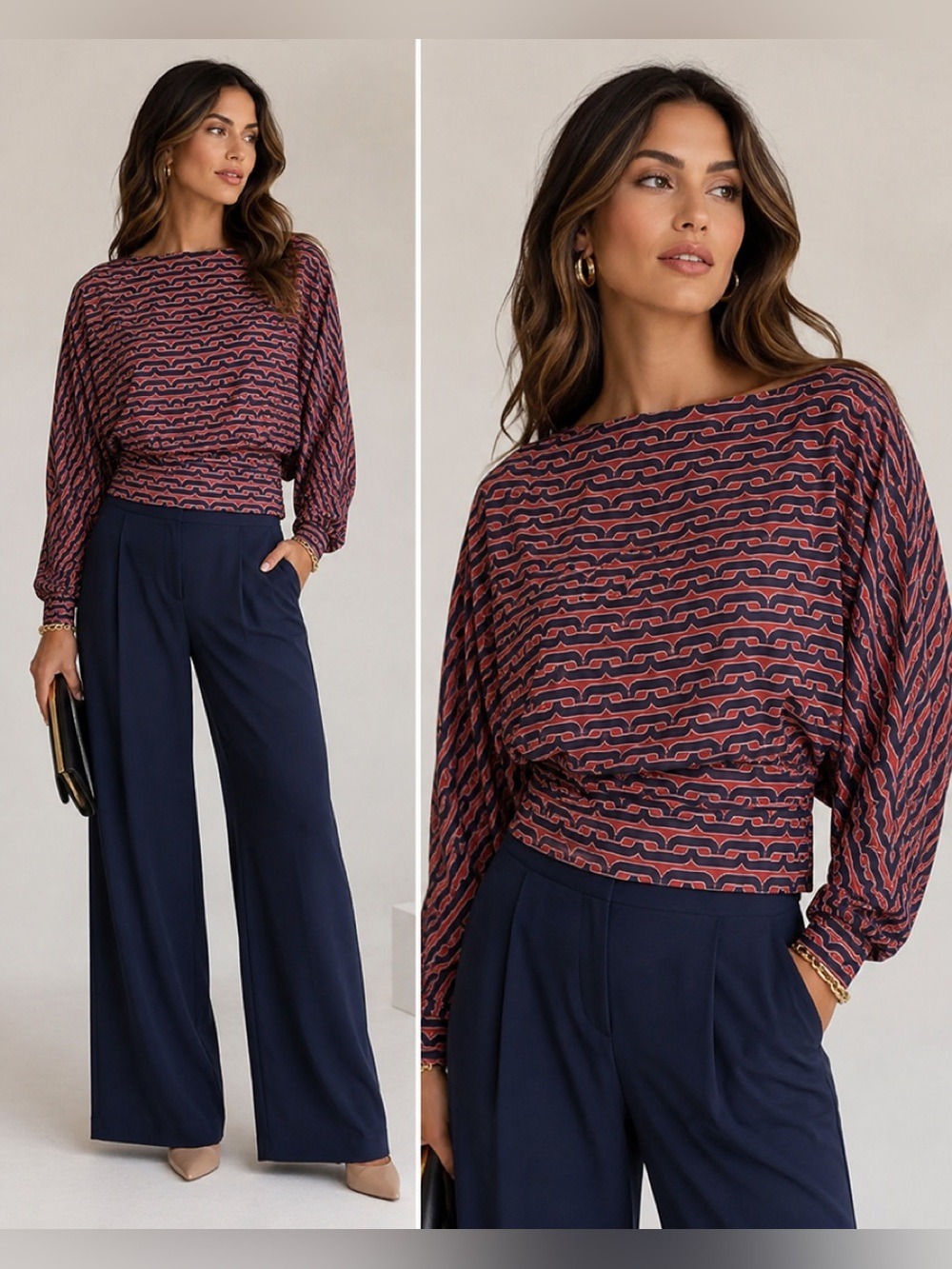 Halston Women's Printed Commuter Dolman-Sleeve Top blouse Sz L NWOT